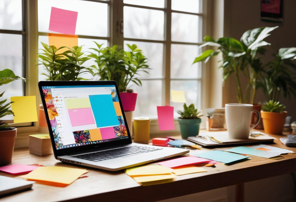 A creative workspace featuring a laptop with an open blog post on screen, colorful sticky notes scattered around, and an inspiring plant in the background. Include a steaming coffee cup and vibrant decor elements that symbolize creativity and engagement. Bright sunlight filtering through a window, suggesting an inviting atmosphere for content creation. super-realistic. vibrant colors. warm tones.