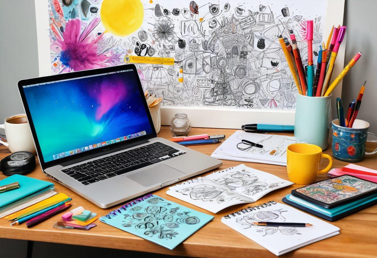 A whimsical desk cluttered with colorful stationery, open notebooks filled with doodles and blog outlines, a vibrant coffee cup, and a laptop displaying a blog page, all set against a dreamy backdrop of artistic splashes and light bulbs symbolizing ideas, creating an atmosphere of inspiration and creativity. bright colors. artistic painting.